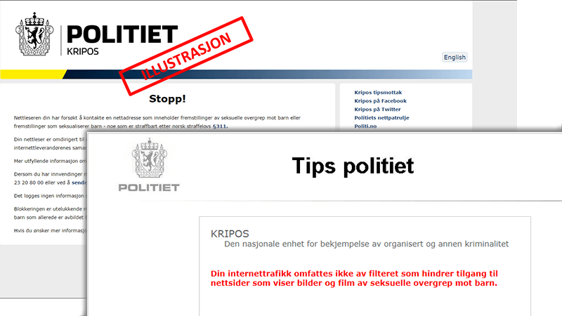 Stoppsiden på det bakerste bildet vises dersom leverandøren din benytter filteret. Bildet foran vises dersom internettleverandøren din ikke beskytter kundene sine mot nettsider som inneholder seksuelle overgrep mot barn.