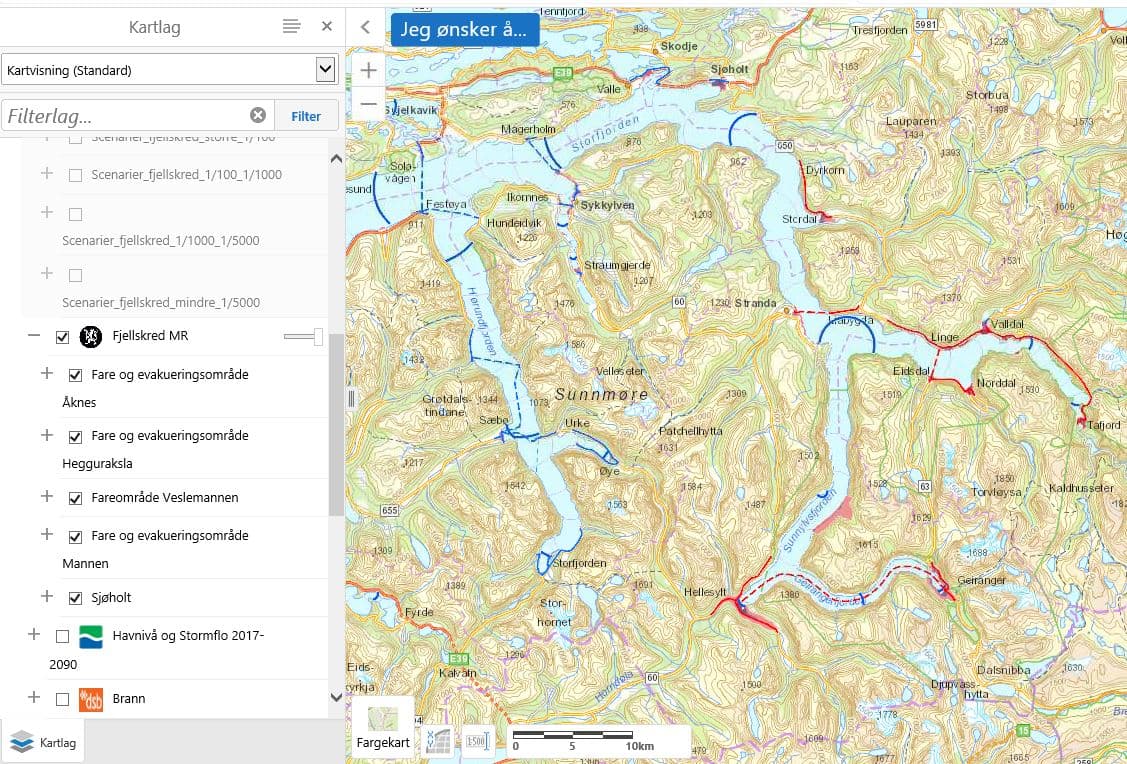 Skjermdump av kartløysinga i GisLink som viser faresoner og evakueringssoner for fjellskred i Møre og Romsdal.